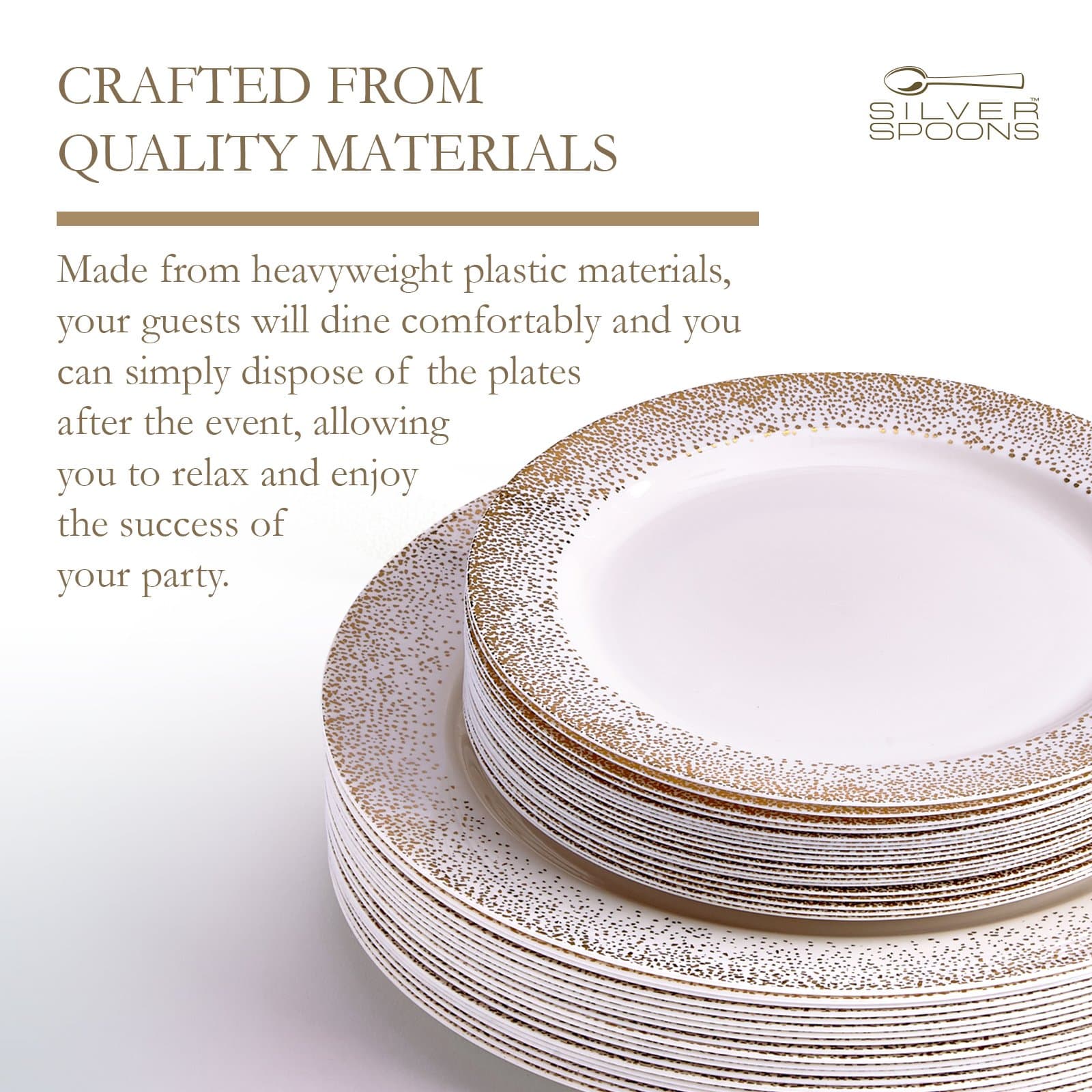 Silver Spoons Party Disposable 40 PC DINNERWARE Set Dinner Side Plates | Heavy Duty Plastic Dishes | Elegant Fine China Look | for Upscale Wedding and Dining, 20 Servings, Gold