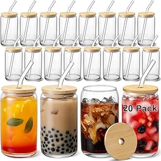 - VITEVER [ 20pcs Set ] Glass Cups with Bamboo Lids and Glass Straw - Beer Shaped 16 oz Iced Coffee Drinking Glasses, Cute Tumbler Cup for Smoothie, Boba Tea, Whiskey, Water