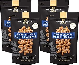 Squirrel Brand Sweet Brown Butter Cashews,3.5 Ounces Resealable Bag,Gluten Free,Vegetarian,(Pack of 4)