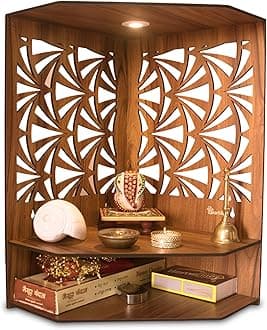 Heartily® Pushp Beautiful Corner Wooden Pooja Stand Mandir for Home Temple for Office Puja Mandir for Home Wall with LED Spot Light Product (H- 17, L- 10, W-15 Inch)