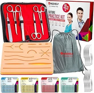50 PCS Practice Suture Kit for Medical Students - Complete Suture Practice Kit for Surgical Training: Large Silicone Suture Pad, Sterile Sutures Thread with Needle, Dissection Blades, Cary Bag