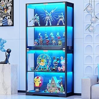 BROTTAR Display Cabinet with Glass Doors, 4-Tier Curio Cabinet with 3 Color Lights for Collectibles, Glass Display Case with Human Body Sensor, Storage Cabinet, Black