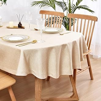 Wolkemer Faux Linen Oval Tablecloth Heavy Duty Wrinkle Resistant Fabric Table Cloths 60 x 84 Inch Beige Farmhouse Rustic Table Cover for Kitchen Dining Indoor Outdoor Tabletop Decoration