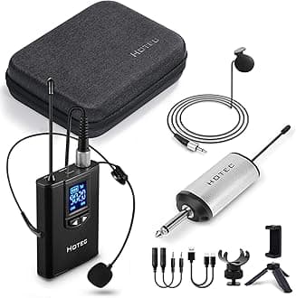 Hotec Wireless Lapel Lavalier and Headset Microphone System with Mini Rechargeable Receiver, for Recording and Live Performances
