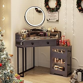 Corner Vanity Desk with Mirror and Lights, Modern Makeup Vanity with Charging Station & Human Sensor Light, Glass Top Dressing Table with 4 Drawers & Shelves for Bedroom (Grey)
