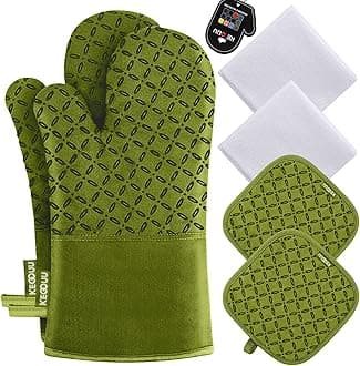 KEGOUU Oven Mitts and Pot Holders 6pcs Set - Green Cotton Silicone - 7x13in Gloves, 7x7in Holders, 12x12in Towels - Heat Resistant Up to 500°F - Non-Slip Silicone Surface - Easy Storage