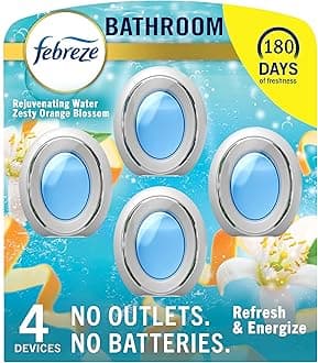 Febreze Bathroom Air Freshener, Odor-Fighting, Plug In Alternative, Air Fresheners for Small Spaces in Home, Bathroom, Kitchen, & Closet, Pet & Litter Box Odor Fighter, Refresh & Energize Scent, 4ct