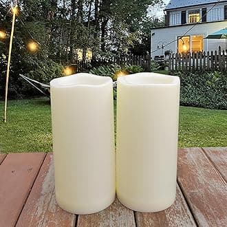 4'x8' Flameless Battery Operated LED Candles with Timer - 2 Pack Outdoor Waterproof Flickering Electric Fake Pillar Tall Candles for Wedding, Party, Halloween, Christmas - Cream White