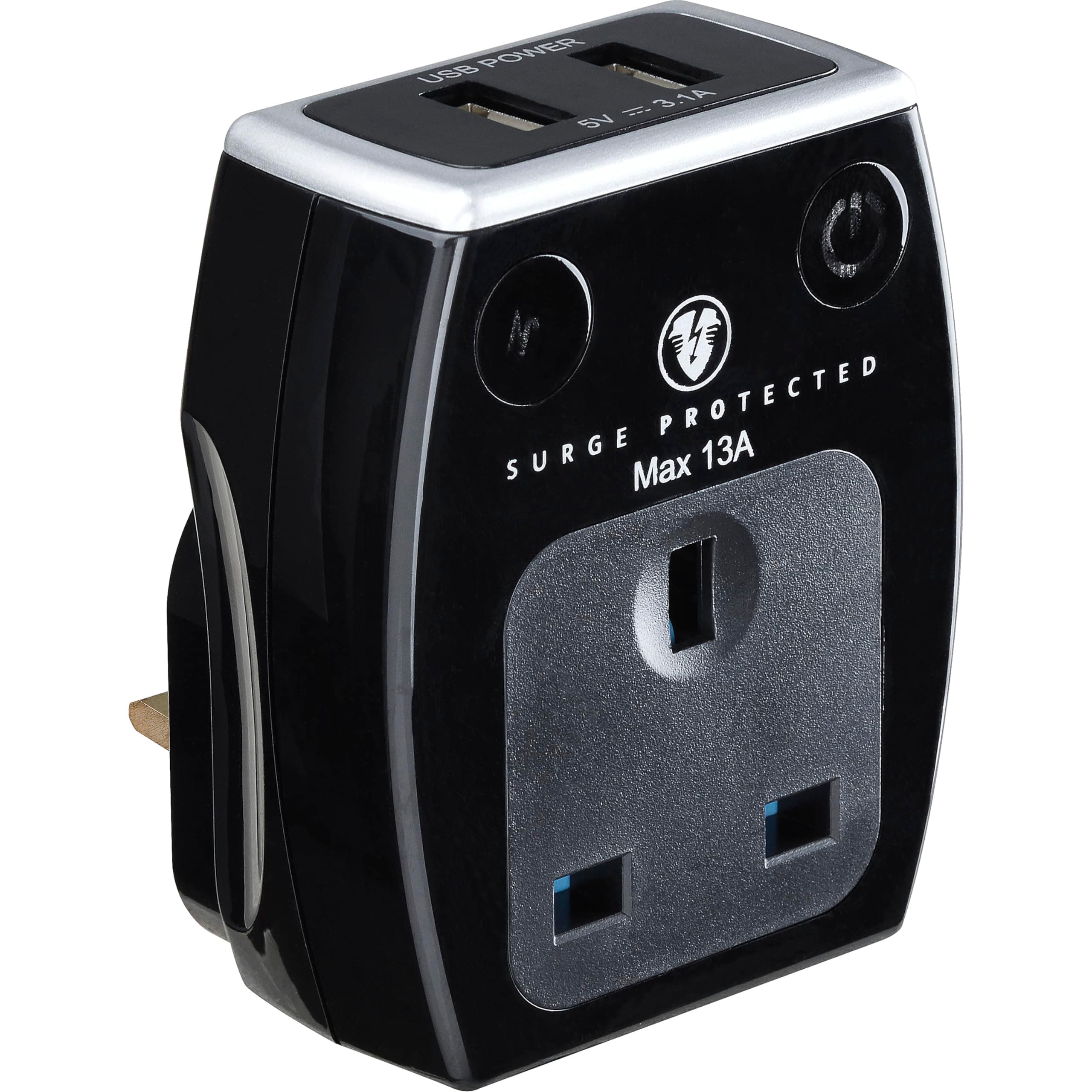 Single Socket Surge Protected Power Adaptor with Two USB Charging Points, Polished Black