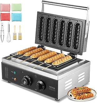 VEVOR Commercial Waffle Maker, 6 Pieces 1500W Waffle Maker Machine, Stainless Steel Non-Stick Waffle Maker for Hot Dog with Temperature and Time Control, Handle, for Bakery Snack Bar