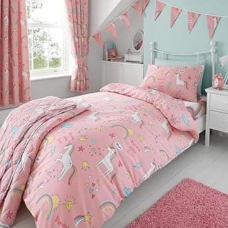 Girls Kids Unicorns Rainbows Pink Toddler Cot Bed Reversible Duvet Cover Bedding Set