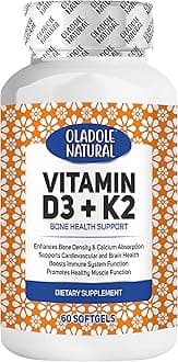 Oladole Natural Vitamin D3 4000 IU + K2 Supplement – 60 Softgels Supports Bone Health, Immunity, Healthy Muscle Function, and Bone Density | Gluten-Free, Non-GMO