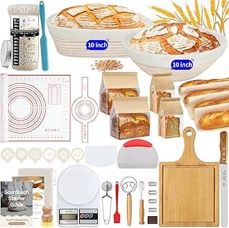 10 Inch Round & Oval Sourdough Proofing Basket Set, Banneton Bread Proofing Basket with Starter Jar, Sourdough Starter Kit Includes Bread Knife & Bread Board Natural Rattan for Perfect Loaves