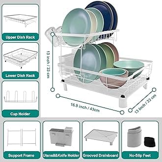 Goderewild Large Capacity Dish Drying Rack,2-Tier Dish Rack,Dish Racks for Kitchen Counter, Dish Drainer with Drainboard and Swivel Spout, Removable Cutlery Holder (2t-White)