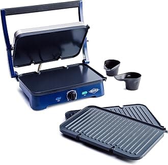 Blue Diamond Blue Diamond Ceramic Non-Stick Electric Contact Sizzle Grid with Grid and Waffle Plate, Clear Flat Design, Dishwasher Safe Removable Plates, Adjustable Temperature Control, PFAS Free,