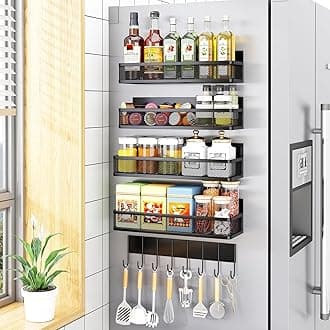 Magnetic Spice Rack for Refrigerator, 5 Pack Magnetic Shelf, Moveable Magnetic Fridge Organizer with 8-Hook Rack, Seasoning Organizer for Kitchen Organization and Storage (5 Pack)