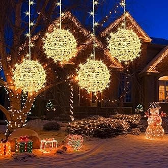 Outdoor Christmas Balls Lights 4 Pack Hanging 7.9" LED Garden Sphere Tree Lights 8 Modes Waterproof Glow Globe Lights with Memory Timer Plug for Party Yard Porch Eave Patio Xmas Decorations-Warm White