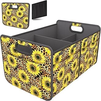Homeve Trunk Organizer, Car Storage, Reinforced Handles, Collapsible Multi-Compartment Car Organizers, Foldable, Waterproof, 600D Oxford Polyester (Sunflower Leopard Print, 2 Compart)