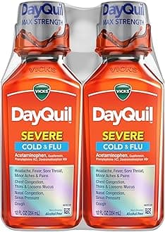 Vicks DayQuil Severe Cold & Flu Liquid Medicine, Daytime Relief for Headache, Fever, Sore Throat, Minor Aches & Pains, Chest Congestion, Stuffy Nose, Nasal Congestion, Sinus Pressure, & Cough, 2x12oz