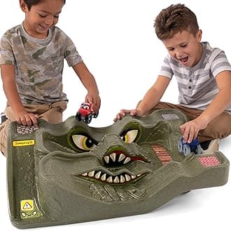 Title: Simplay3 Monster City Extreme Wheels Car Race Track Table - 2 Sided Portable Kids Play Table with 2 Race Trucks - Green - Made in USA