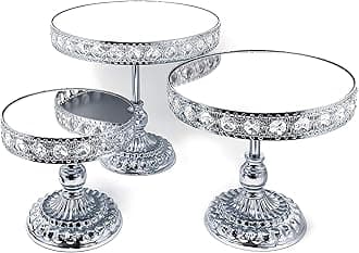 HD89209 3 Piece Set Crystal Silver Chrome Plated Cheese Dessert Cupcake Cake Stand with Mirror Plate (Silver Round with Bases)