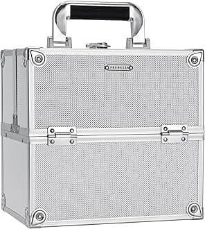 Makeup Train Case Makeup Organizer Box Portable Cosmetic Travel Case with Lock 4 Trays Aluminum Hard Vanity Box Make Up Artist Nail Beauty Storage Organizer Cosmetic Suitcase Bright Silver