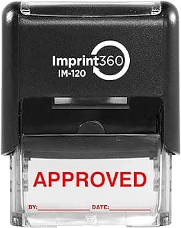 AS-IMP1102R - Approved Stamp with by: & Date:, Red Ink, Heavy Duty Commerical Self-Inking Rubber Stamp, 9/16" x 1-1/2" Impression