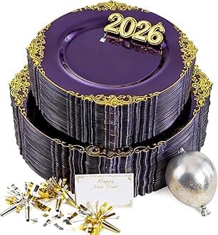 102PCS Purple and Gold Plastic Plates - High End Purple Disposable Plate - Vintage Party Dinner & Dessert Plates for 51 Guests Wedding & New Year Party