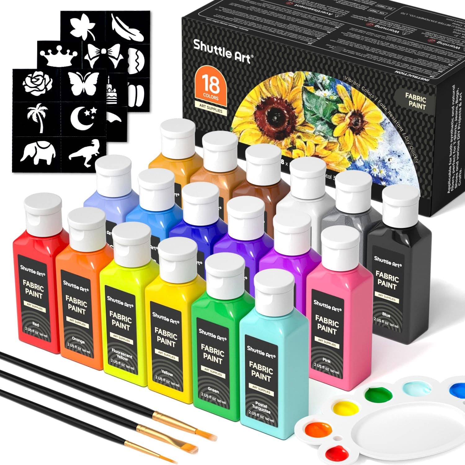 Shuttle Art Fabric Paint Permanent for Clothes, 18 Colours Fabric Paints in Bottles (60ml/2oz) with Brushes, Palette, Stencils, Non-Toxic Textile Paints for T-Shirt, Shoes, Bag, Jeans, No Heating Need