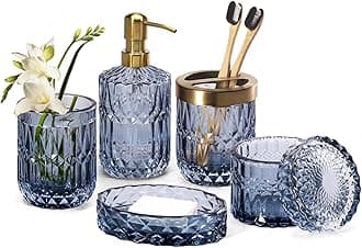 EMPO 6PCS Bathroom Clear Glass Accessories Set (Lotion Soap Dispenser, Soap Dish, Toothbrush Holder, Tumbler, Cotton Swab Jar), Contemporary Modern Decor Crystal Vintage Gift (6pcs Blue)