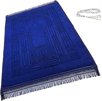 Prayer Rug Muslim Mat Islamic - Thick Large Sajadah for Kids Men Women with Islam Prayer Beads for Eid Travel Ramadan, Soft Luxury and Great for Knees and Forehead (Blue)