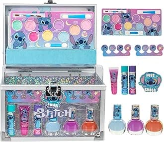 Stitch Train Case Beauty Set, Kids Makeup Kit for Girls, Real Washable Makeup Set, Play Makeup, Party Favor, Birthday, Ages 3 4 5 6 7 8 9 10 11 12 by Townley Girl