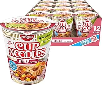 Nissin Cup Noodles Soup, Beef Flavor, Microwaveable Paper Cups, Instant Ramen, 2.25 Ounce (Pack of 12)