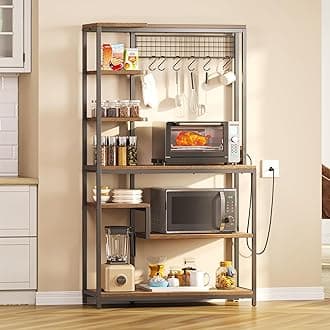 YITAHOME 39 Inch Large Kitchen Microwave Stand Bakers Rack w Power Outlet, Coffee Bar Farmhouse Freestanding Utility Storage Shelf for Appliance with Wire Panel 6 Hook, Rustic Brown