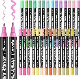 Dual Tip Acrylic Paint Pens, 28 Pastel Colours Fine & Brush Paint Marker Pens, Paint Pens for Rock Painting, Ceramic, Wood, Fabric, Art Marker Pen Set for Kids Adults on Christmas Easter