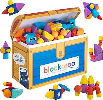 Blockaroo Magnetic Foam Building Blocks – STEM Preschool Toys for Babies, Toddlers, Boys and Girls, The Ultimate Bath Toy – 100 Piece Set with Toy Chest