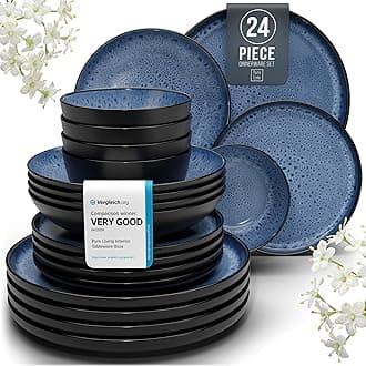 24 Piece Dinner Sets for 6 People - Beautiful Mediterranean Style Stoneware Dinner Set for 6 - Dishwasher & Microwave Safe Plates and Bowls Set for 6 - Dinnerware Sets by Pure Living in Deep Blue