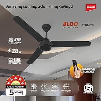 Impex Bldc Ceiling Fan 1200 Mm Atom 28 5 stars Rated Ceiling Fan For Home With Remote Control | Upto 65% Energy Saving High Speed Fan Having 5 Years Warranty (Smoke Brown)