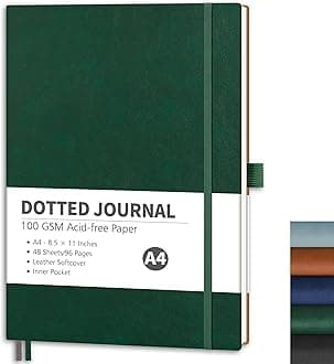 Dotted Journal Notebook, 96 Pages, A4 Large Size (8.5'' x 11''), Leather Softcover, 100 GSM Thick Paper, for Journaling, Planning, Tracking (Dark Green)