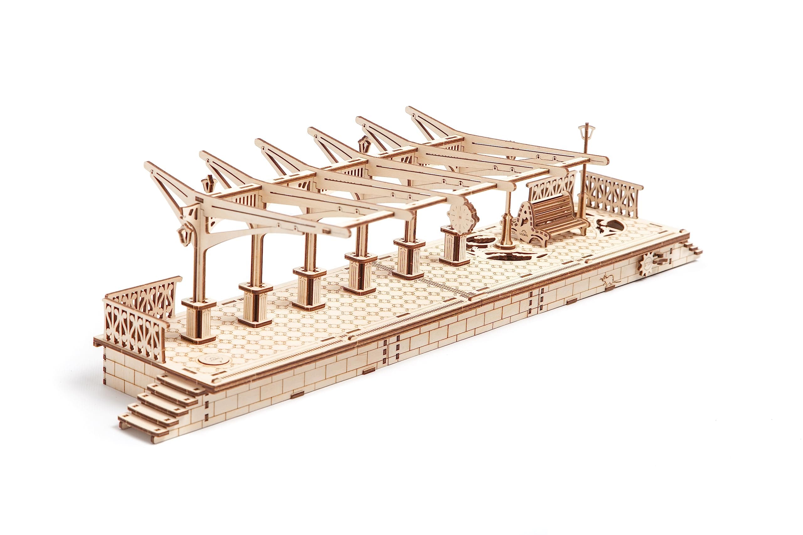 Railway Platform by Ugears: Self Propelled Modular Mechanical Model, 3D Wooden Puzzle for Self Assembly Without Glue, Brainteaser for Kids, Teens and Adults