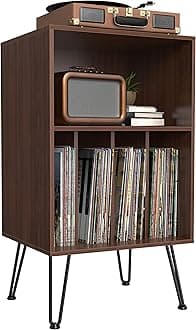 Iyrany Record Player Stand with Storage, Vinyl Record Cabinet with Metal Legs, Holds Up to 150 Albums for Living Room, Bedroom, Office (Brown)