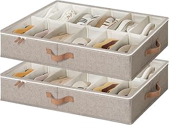 StorageWorks Under Bed Shoe Storage Organiser, Underbed Storage with Adjustable Dividers Fits up to 24 Pairs, Shoe Underbed Box with Cover, Space-Saving Under Bed Storage Box with Lid, Brown, 2-Pack