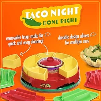 Nostalgia Taco Tuesday Heated Lazy Susan Topping Bar Perfect for Burritos, Nachos, Fajitas, 20-Oz. Warming Pot, Includes 4 Tortilla Holders, Red