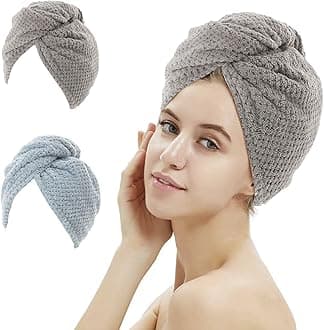 2 Pack Absorbent Ultra Fine Fiber Hair Towel Bag, Anti Curling Quick Dry Hair Towel with Button, 25.6 X 9.8 Inches (Grey and Blue)