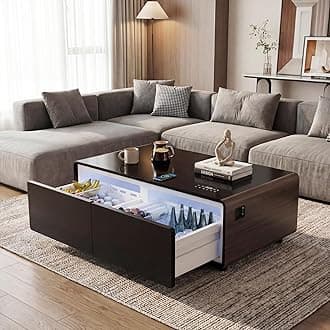 LIVTAB Smart Coffee Table, 27.7" D x 51" W x 18.1" H, Living Room Table with Built in Fridge and Speakers, Smart Table with 15W Wireless Charging, USB Chargers and 110V Outlets (Brown)