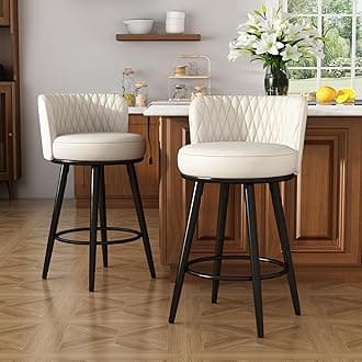 Bar Stools Set of 2, 27 Inch Barstools with Sturdy Legs, Leather Farmhouse Counter Height Bar Stool for Kitchen, Dining, Bar (Beige, Leather)