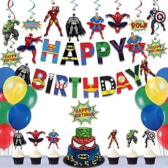 Festiko® Superhero Theme Happy Birthday Decoration Combo (38 Pcs) – Avengers Party Supplies for Kids – Balloons, Banner, Cake Topper & More – Boys Birthday Decoration Set
