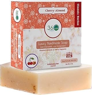 360Feel Cherry Almond Soap - Made in The USA - Castile Handmade, All Natural, Cold Processed - Infused with Refreshing Cherry Almond Essential Oil for Soothing Scent - Rich, Creamy Lather - 5oz