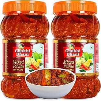 Chokhi Dhani Mixed Pickle, Authentic Indian Style Tangy and Spicy Versatile Mix Achar with Preserved Aromatic Spices and Traditional Taste (Pack of 2, 1kg Each)