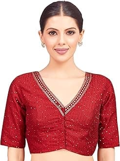 Studio Shringaar Women's Readymade Polyester Elbow Length Sleeves Saree Blouse with Mirror Work